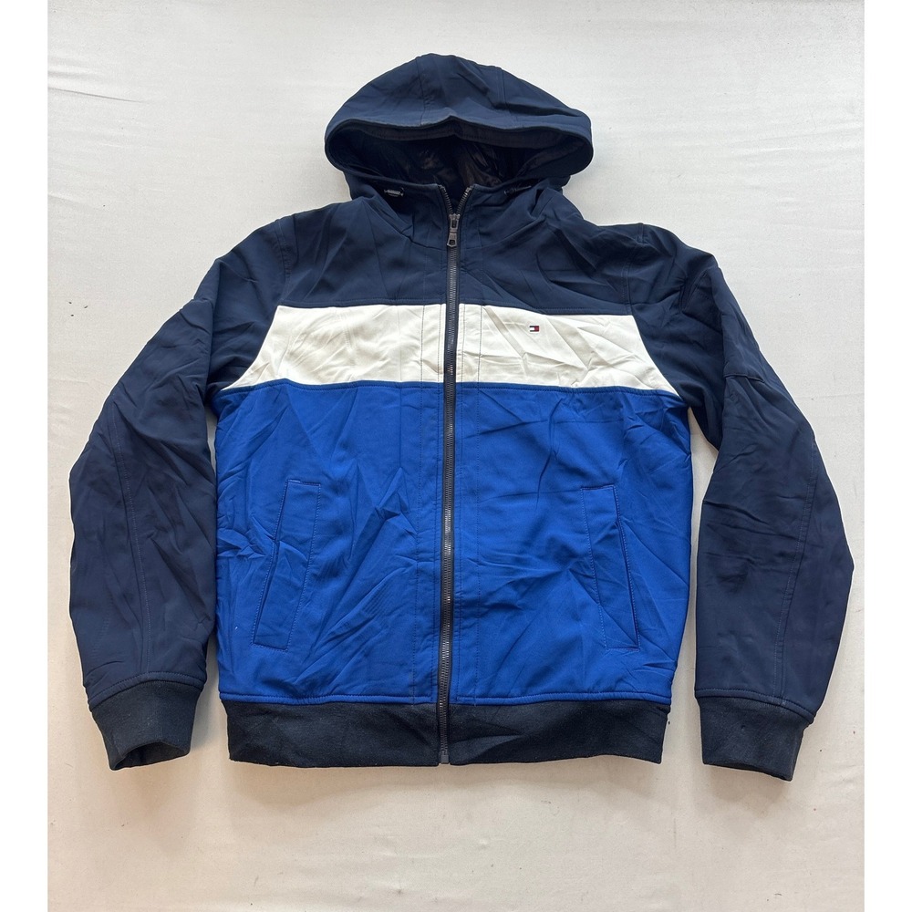 Tommy Hilfiger Mens Hooded Colorblock Windbreaker Jacket Navy Blue White Small